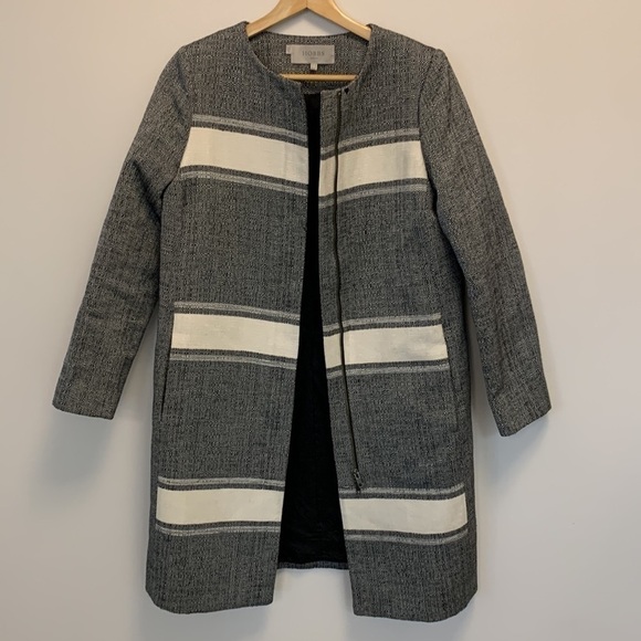 HOBBS LONDON car coat zippered front lined jacket boucle coat grey white size 6 - Picture 3 of 16